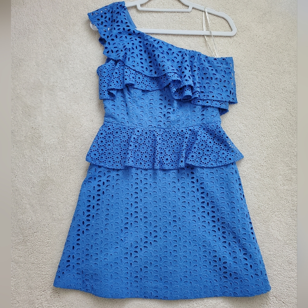 Lilly Pulitzer Josey One Shoulder Dress in Coastal Blue Flower Petal Eyelet Sz2